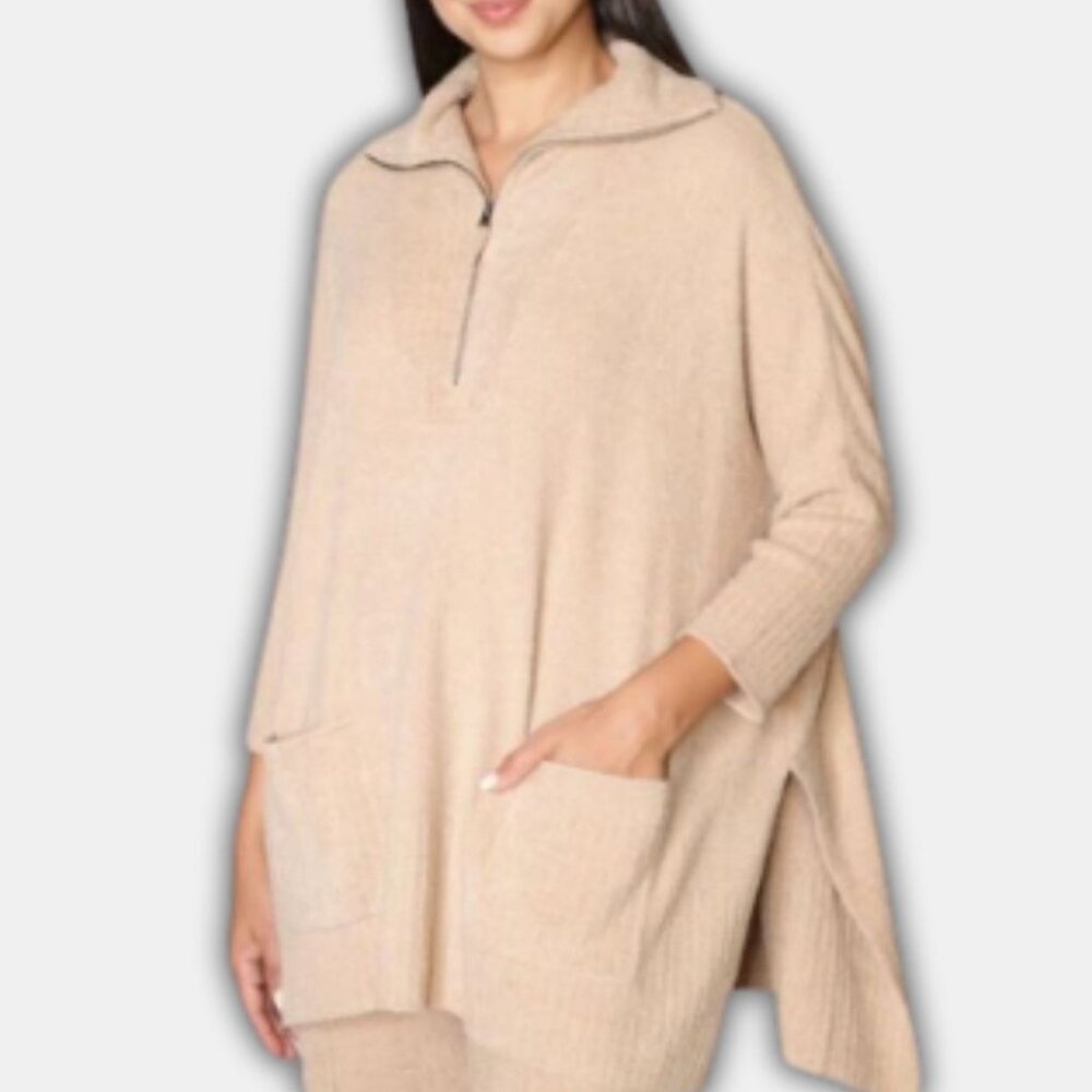 Barefoot Dreams Zip Tunic Sweater Tan Relaxed Fit Lagenlook Pullover Slouchy Top